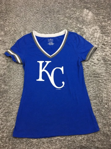 Kansas City Royals Shirt Womens Size Small Blue Gray V-Neck Short Sleeve Cover