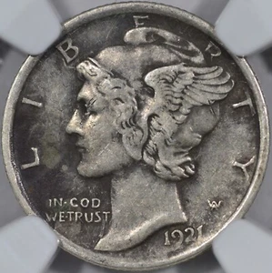 Moneda de diez centavos Mercury 1921-P 10C, graduada XF45 por NGC, troquel inverso giratorio (aprox. 15°) - Imagen 1 de 4