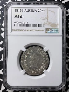 1815-B Austria 20 Kreuzer NGC MS61 Lot#G8792 Silver! Nice UNC! - Picture 1 of 3