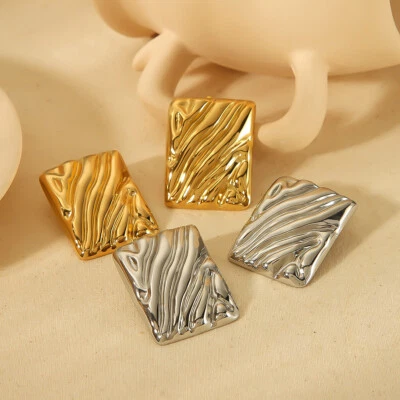 Women Titanium Steel Square Wave Ear Stud Gold silver Fashion Personality - Image 1 of 4