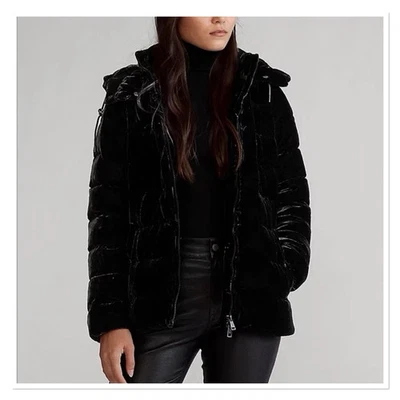POLO RALPH LAUREN Velvet Quilted Down Jacket Black Women's Sz S $398 - Image 1 of 4