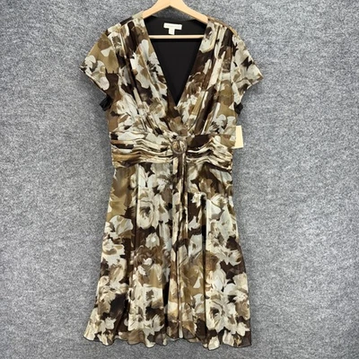 New Coldwater Creek Dress Women 1X Plus Brown Floral Sheath Midi V-Neck Lined - Image 1 of 4