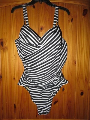全新 旧海军黑色/白色 条纹连体泳衣 女式 2X Plus — 第 1/4 张图片