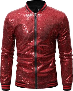 MEN'S RED SEQUIN BOMBER JACKET SIZE L NEW - Picture 1 of 4