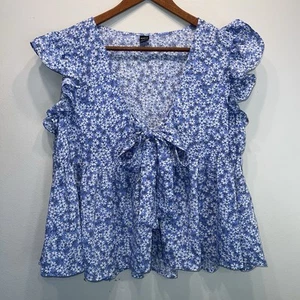Ditsy Floral Flirty Cropped Blouse Blue White Relaxed w Bow - Picture 1 of 7