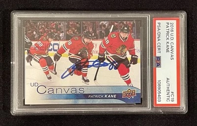Patrick Kane 2016 Upper Deck lona assinada #C19 PSA/DNA laje POP 1 - Imagem 1 de 3