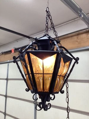 Large Vintage Chandelier Swag Lamp Handmade Glass Blown Wrought Iron Spanish - Image 1 of 4