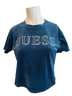 Top corto Guess Couture para damas mediano verde azulado terciopelo con cuentas logotipo nuevo con etiquetas precio de venta sugerido por el fabricante $44 Foto 1 de 3