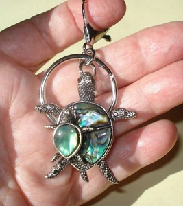 3 1/2" Abalone Marcasite Baby & Mama Sea Turtle Purse Beach Bag Bling Key Ring - Picture 1 of 7