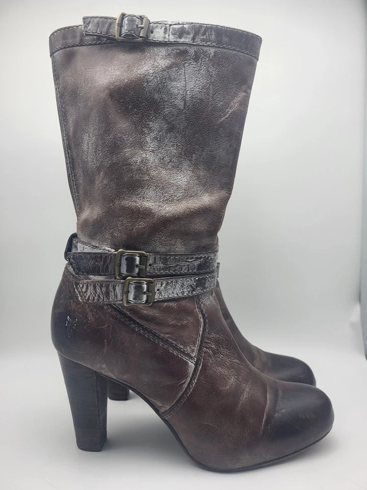 Frye Miranda Slouch High Heel Boots Size 8M Brown Leather Distressed Buckle Fall - Image 1 of 4