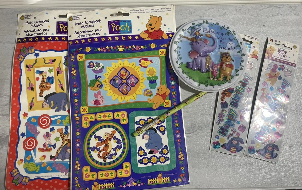Winnie The Pooh Stickers, Pencil And Cake Topper Vtg Birthday Scrapbook Lot - Image 1 of 4
