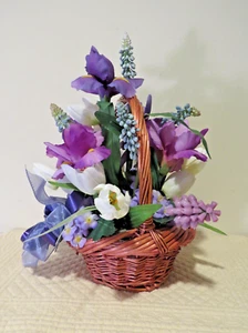 Floral Basket Centerpiece of Artificial Iris Hyacinth Forget-Me-Nots 12" High - Picture 1 of 7
