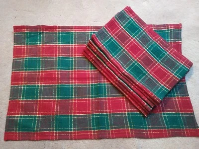 Set of 6 Christmas Tartan Plaid Cloth Placemats Red Green Gold Thread - Image 1 of 3