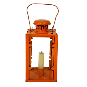 Vintage Metal & Glass Orange Lantern Candle Holder - Picture 1 of 24