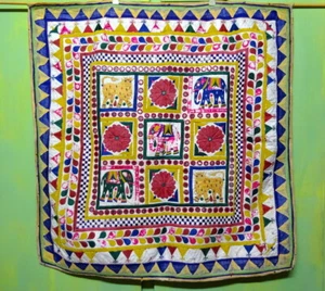 Ethnic Indian Embroidery Vintage Mirrors Panel Wall Hanging Elephant Lion - Picture 1 of 12