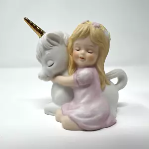 Enesco Vintage Girl Figurine Hugging Unicorn 1983 - Picture 1 of 5