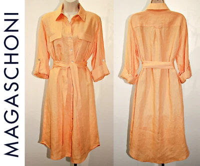 Vestido Camisa Magaschoni Lino Manga Redonda Bolsillos Cinturón 41" Largo Naranja Gasa M Foto 1 de 4
