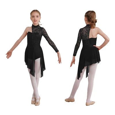 Girls Floral Lace Lyrical Dance Dress Asymmetric Contemporary Modern Dancewear - Image 1 of 4