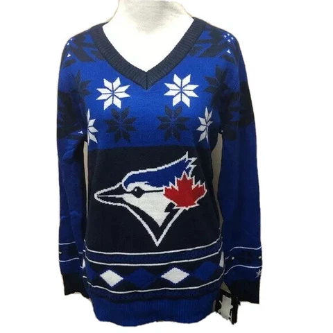 Toronto Blue Jays Logo Ugly Sweater Womens XL Blue White Klew V Neck New Cover