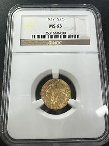 NGC MS63 | $2.5 Dollars 1927 Indian Head - Gold Quarter Eagle Coin - NGC MS 63
