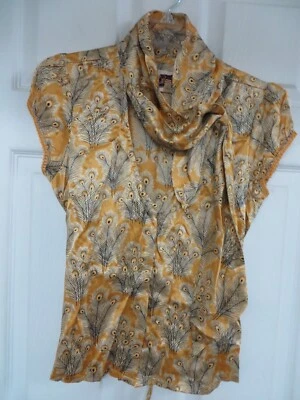Blusa Top Free People Seda Estampado Pavo Real Cuello Corbata Manga Gorra Dorado/Negro 6 Nueva Sin Etiquetas Foto 1 de 4
