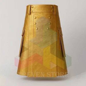 Men’s Modern Lace-Up Gold Faux Leather Utility Kilt - Picture 1 of 5