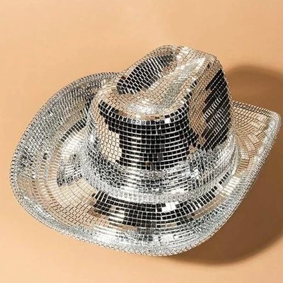 Sombrero de Vaquero del Oeste Disco Ball Plata Espejado Brillante Sombrero de Vaquera con Joyería para Foto 1 de 4
