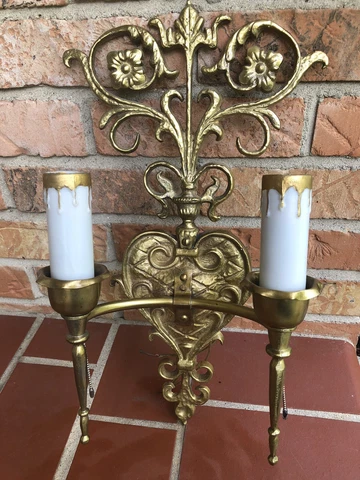Vintage Antique Double Arm Candle Brass Electric Wall Sconce Fixture Ornate 16” Cover