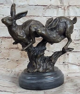 Solid 100% Bronze Hare Sculpture LARGE Running Hares by Miguel Lopez Artwork - Picture 1 of 10