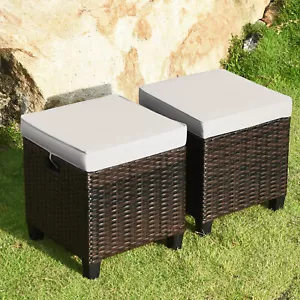 Set of 2 Patio Wicker Rattan Ottoman Footrest Garden Outdoor w/ Cushion - Picture 1 of 10