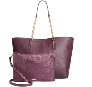 INC Zoiey 2-Piece faux-leather women's XL tote bag + pouch --Magenta plum /Croc - Picture 1 of 10