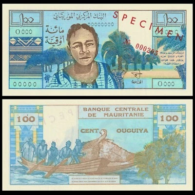 🇲🇺 Mauritania  100 Ouguiya  1973 SPECIMEN   P 1 s    RARE   Crisp UNC - Image 1 of 4
