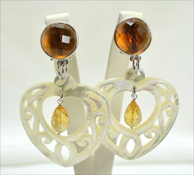 ORECCHINI IN ARGENTO 925 CITRINO FACCETTATO E MADREPERLA CUORE          AGHT 046 - Immagine 1 di 3