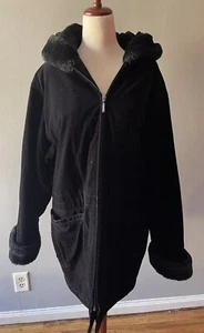 Gallery Damen schwarz Pelzbesatz Langarm Reißverschluss vorne Mantel Größe Medium - Bild 1 von 9