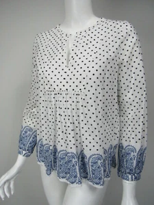 J CREW weiß schwarz blau gepunktet Pailsey Print Baumwolle Split Neck Shirt 4 G0065 - Bild 1 von 3