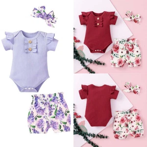 Newborn Baby Girl Clothes Ruffle Romper Jumpsuit Tops+Shorts+Headband Outfit Set - Picture 1 of 17