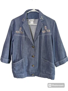 Vintage 80s Blazer Women Blue Denim 100% Cotton Small Size L/S BOMBER Jacket - Picture 1 of 11