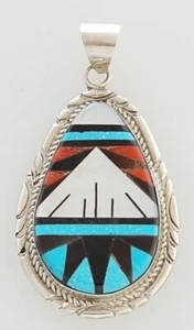 Zuni Handmade Sterling Silver with Multi-Stone Inlay Pendant - Picture 1 of 2