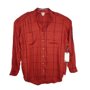 Stylus Blouse Red Plaid Size XL Long-Sleeve Button-Up Silky Shirt Top - Picture 1 of 12
