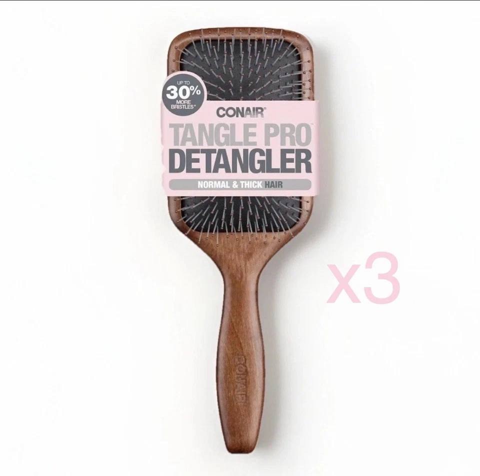 3 pack Conair Natural Tangle Pro Hair Detangler Wood Paddle Brush For Thick Hair - Image 1 of 1
