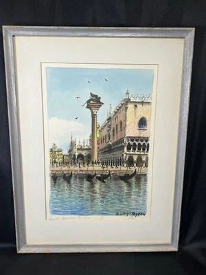 复古 Carlos Salvini 水彩威尼斯 意大利 11x15 英寸 磨砂和带框印刷品 — 第 1/4 张图片