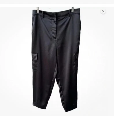 Nicole Miller Cargo Pants Womens Sz  lg Straight Leg Black Satin Elastic Waist - Image 1 of 4