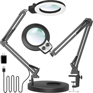 KIRKAS 10X Magnifying Glass with Light and Stand, Base &amp; Clamp, Black  - Picture 1 of 8