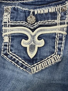 Rock Revival Jeans Womens 28x30 Jayne Flare Low Rise Indigo Thick Stitch Tear - Picture 1 of 10
