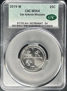 2019 W 25c San Antonio Missions Quarter CAC MS64 West Point Mint CACG Texas - Bild 1 von 2