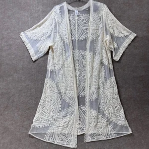 Cream Lace Kimono Cardigan Duster Open Front Boho Festival Lightweight L XL - Picture 1 of 6