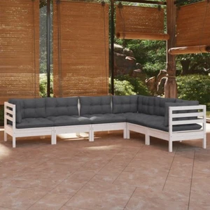 6 Piece Garden Lounge Set with Cushions White Solid Pinewood - Picture 1 of 7