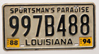 Vintage Louisiana "997B488" Sportsman's Paradise License Plate from 1988-1994
