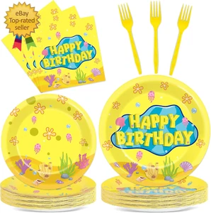 96Pcs Yellow Cartoon Paper Plates and Napkins Yellow Theme Birthday Party Suppli - Picture 1 of 12
