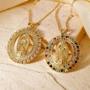 Gold Plated CS Zirconia Guadalupe Virgin Mary Necklace Pendant Multicolor N34 - Picture 1 of 6